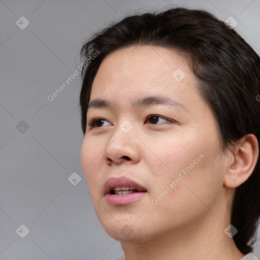 Neutral white young-adult female with medium  brown hair and brown eyes