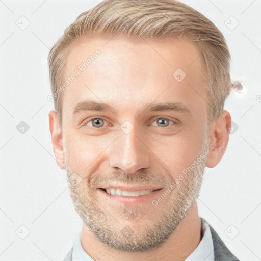 Joyful white adult male with short  brown hair and grey eyes