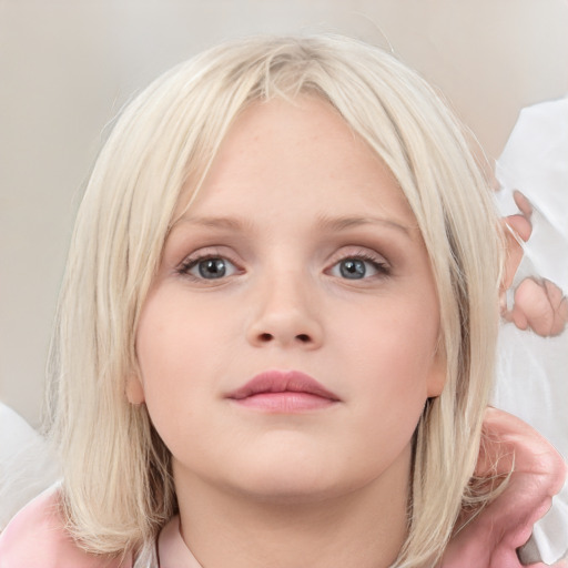 Neutral white child female with medium  brown hair and blue eyes