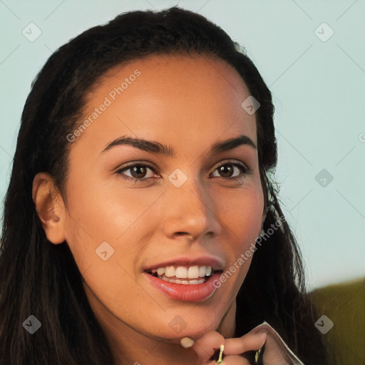 Joyful latino young-adult female with long  brown hair and brown eyes