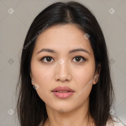 Neutral white young-adult female with long  brown hair and brown eyes