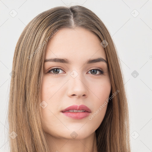 Neutral white young-adult female with long  brown hair and brown eyes