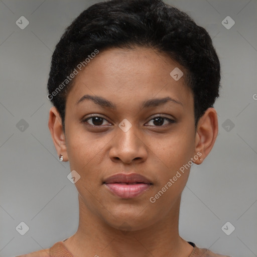 Joyful latino young-adult female with short  black hair and brown eyes