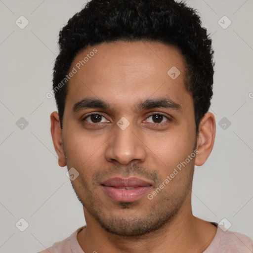 Neutral latino young-adult male with short  black hair and brown eyes