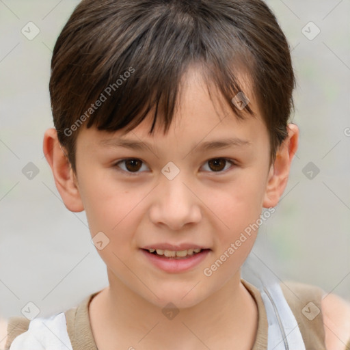 Joyful white child female with short  brown hair and brown eyes