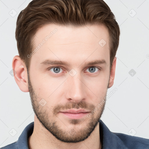 Neutral white young-adult male with short  brown hair and grey eyes