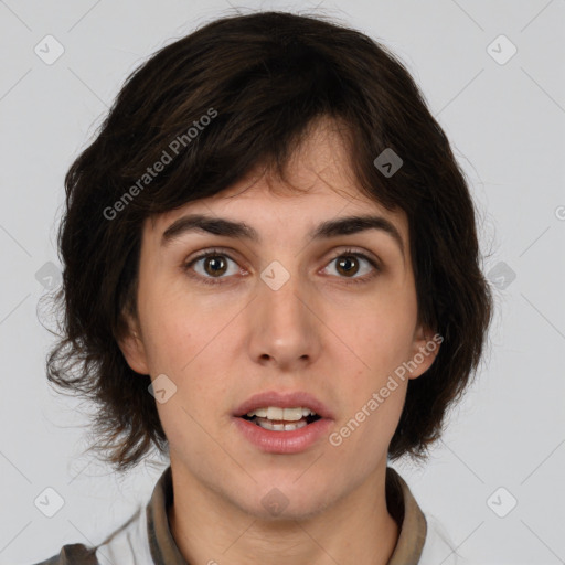 Neutral white young-adult female with medium  brown hair and brown eyes