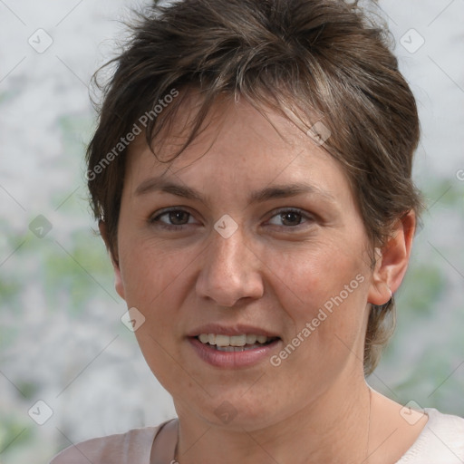 Joyful white adult female with short  brown hair and brown eyes