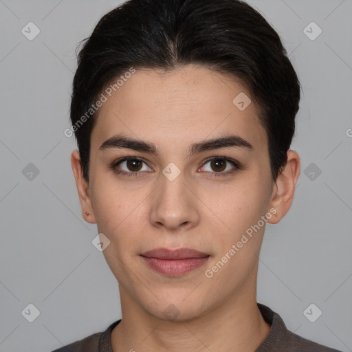 Joyful white young-adult female with short  brown hair and brown eyes