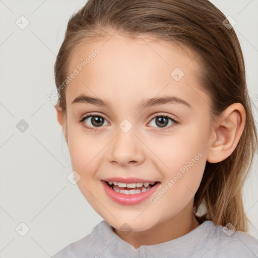 Joyful white child female with medium  brown hair and brown eyes