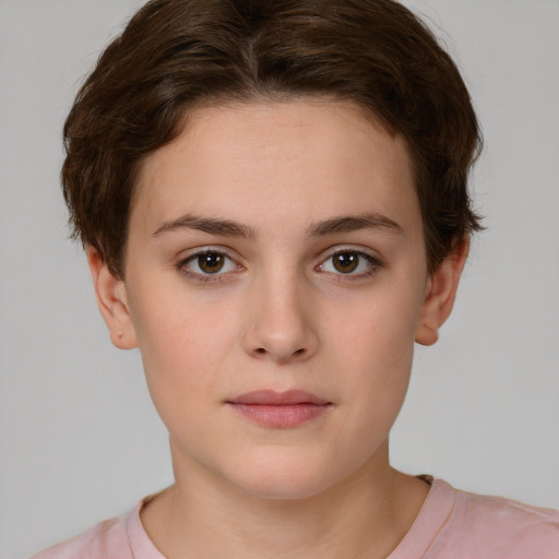 Neutral white young-adult female with short  brown hair and brown eyes