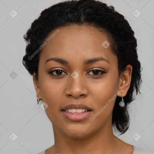 Joyful latino young-adult female with short  black hair and brown eyes