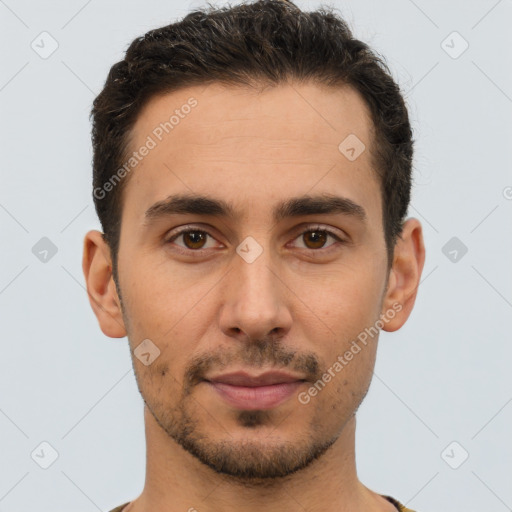 Joyful white young-adult male with short  brown hair and brown eyes