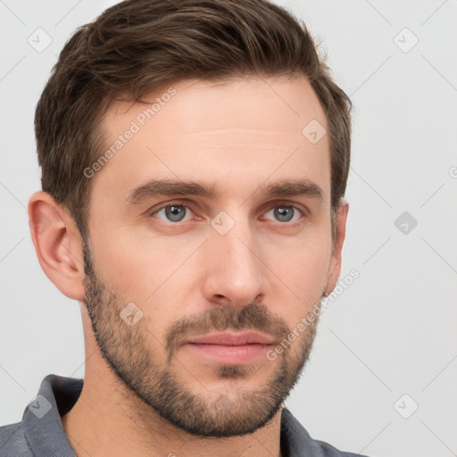 Neutral white young-adult male with short  brown hair and grey eyes