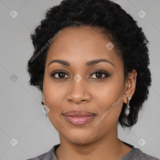 Joyful latino young-adult female with medium  black hair and brown eyes