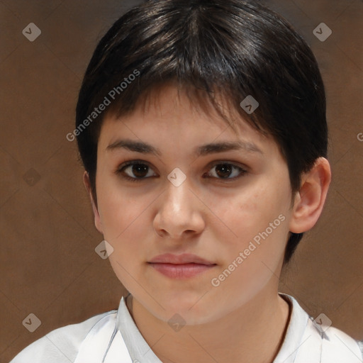 Neutral white young-adult female with short  brown hair and brown eyes