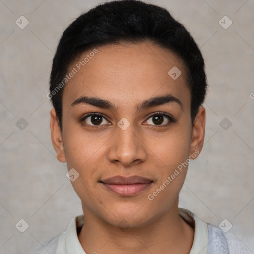 Joyful latino young-adult female with short  black hair and brown eyes