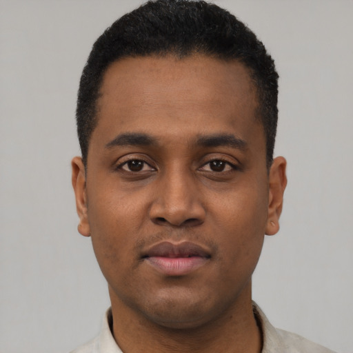 Neutral black young-adult male with short  black hair and brown eyes