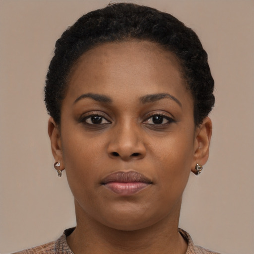 Neutral black young-adult female with short  brown hair and brown eyes