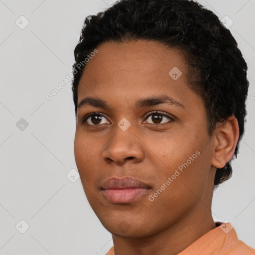 Joyful latino young-adult female with short  black hair and brown eyes