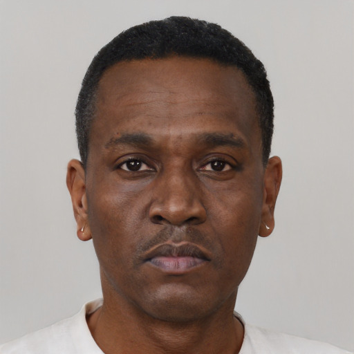 Neutral black adult male with short  black hair and brown eyes