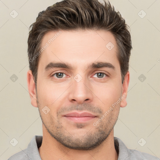 Neutral white young-adult male with short  brown hair and brown eyes