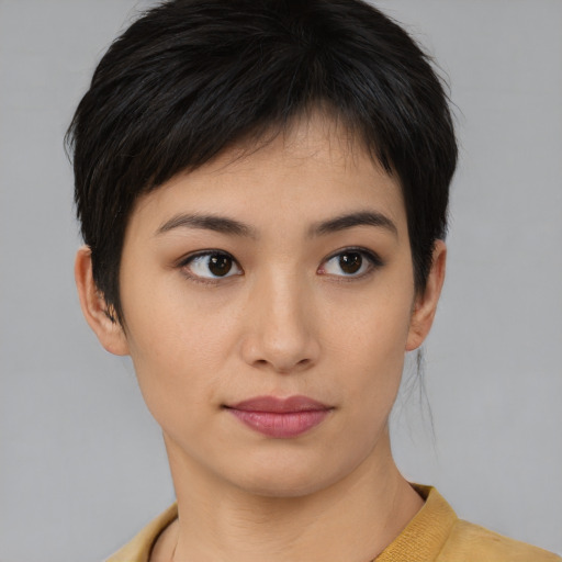 Neutral asian young-adult female with short  black hair and brown eyes