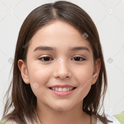 Joyful white child female with medium  brown hair and brown eyes