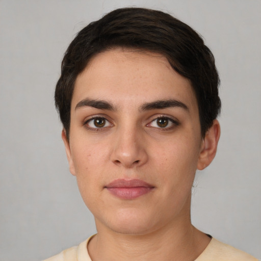 Neutral white young-adult female with short  black hair and brown eyes
