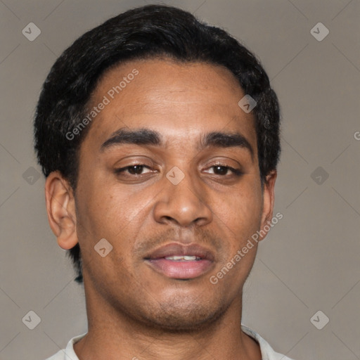 Neutral asian young-adult male with short  black hair and brown eyes