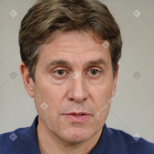 Neutral white adult male with short  brown hair and brown eyes