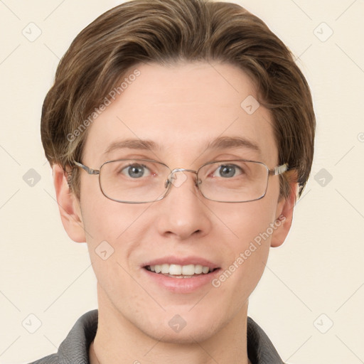 Joyful white adult female with short  brown hair and grey eyes