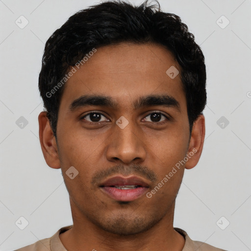 Neutral latino young-adult male with short  black hair and brown eyes