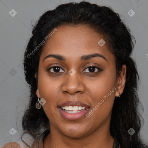 Joyful latino young-adult female with long  brown hair and brown eyes