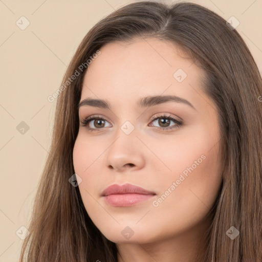 Neutral white young-adult female with long  brown hair and brown eyes