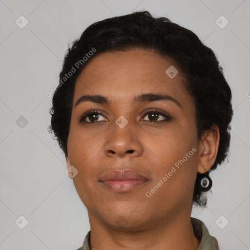 Neutral black young-adult female with short  brown hair and brown eyes