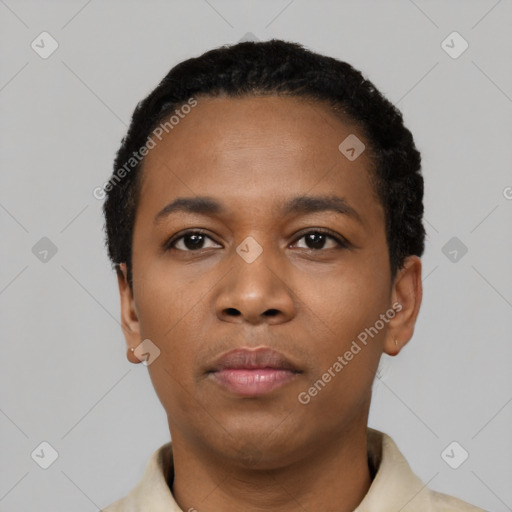 Neutral black young-adult female with short  black hair and brown eyes