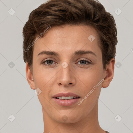 Joyful white young-adult female with short  brown hair and brown eyes