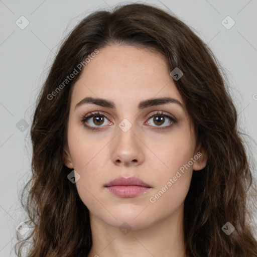 Neutral white young-adult female with long  brown hair and brown eyes