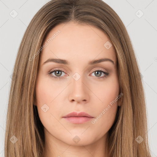 Neutral white young-adult female with long  brown hair and brown eyes