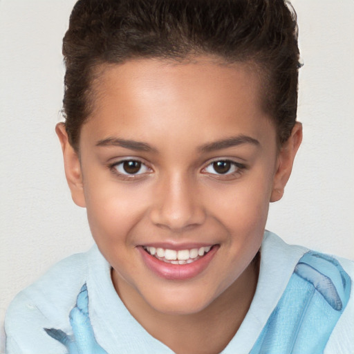 Joyful white child female with short  brown hair and brown eyes