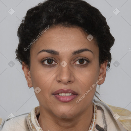 Joyful latino young-adult female with short  brown hair and brown eyes