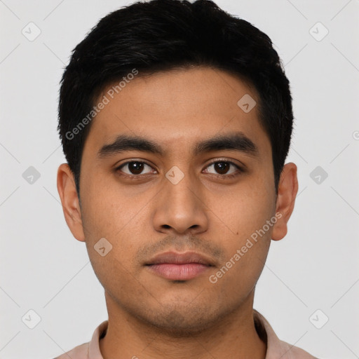 Neutral asian young-adult male with short  black hair and brown eyes