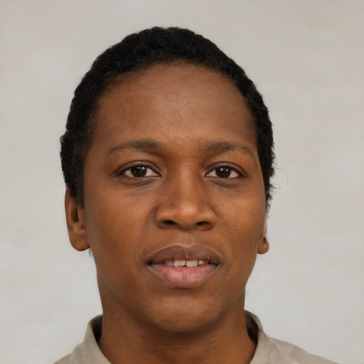Joyful black young-adult female with short  black hair and brown eyes