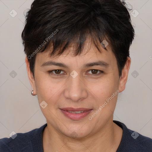 Joyful white adult female with short  brown hair and brown eyes