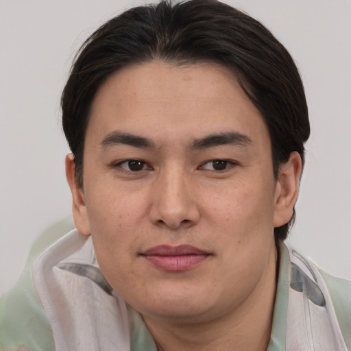 Joyful asian young-adult male with short  brown hair and brown eyes