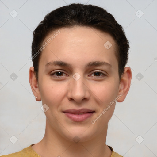 Joyful white young-adult female with short  brown hair and brown eyes