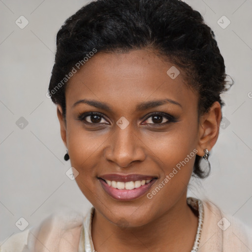 Joyful latino young-adult female with short  brown hair and brown eyes