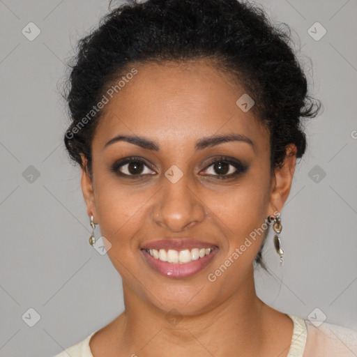 Joyful latino young-adult female with short  brown hair and brown eyes