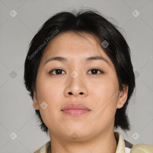 Neutral asian young-adult female with medium  brown hair and brown eyes